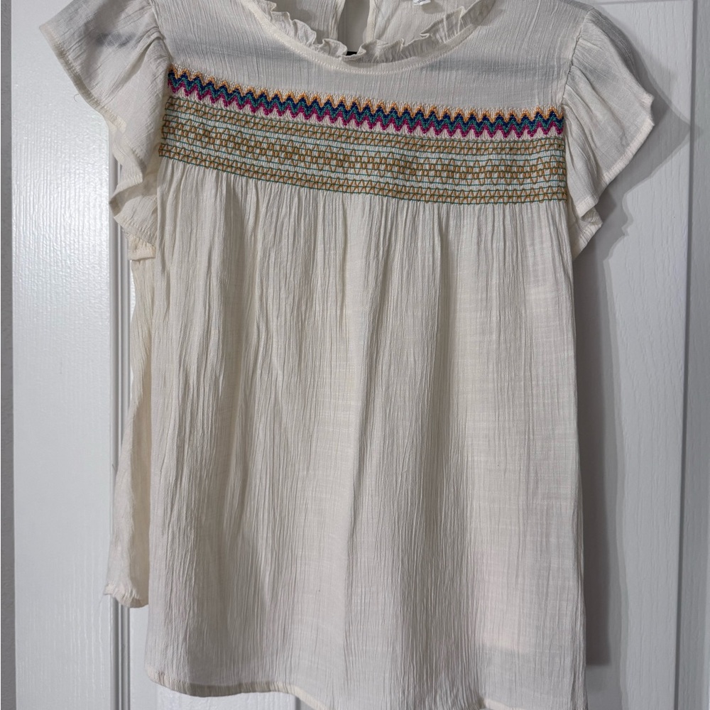 Embroidered Ruffle Sleeve Cream Blouse